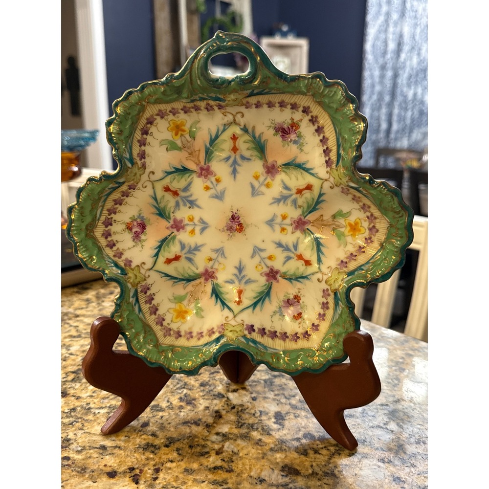 Antique Hand Painted Floral Porcelain Nappy Dish Green Gold Gilt Handle 8"